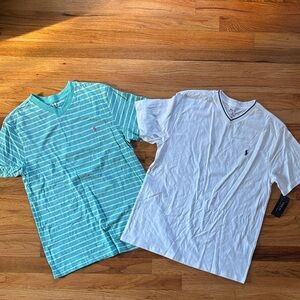 Polo Ralph Lauren Boys Teal Striped and White V-Neck Tee Bundle Sz Large 14-16